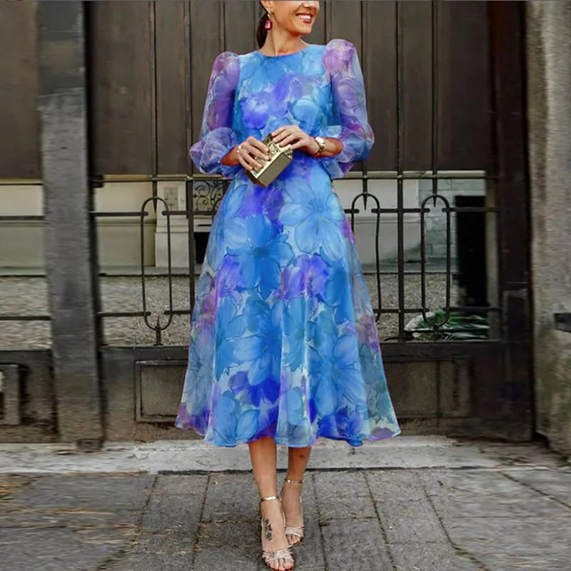 Vestido midi mujer para boda con mangas abullonadas