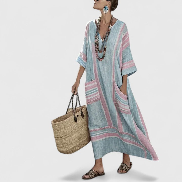 Vestido midi mujer de tejido transpirable estilo bohemio con bolsillos