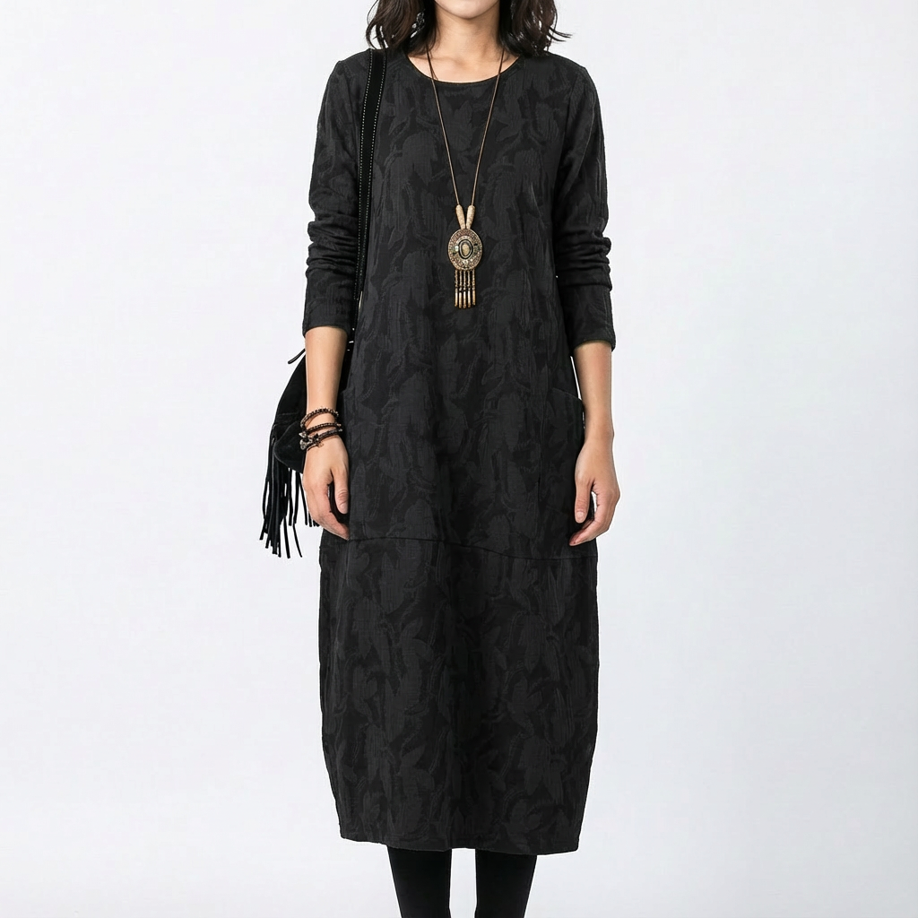 Vestido Midi Mujer Manga Larga Bolsillos