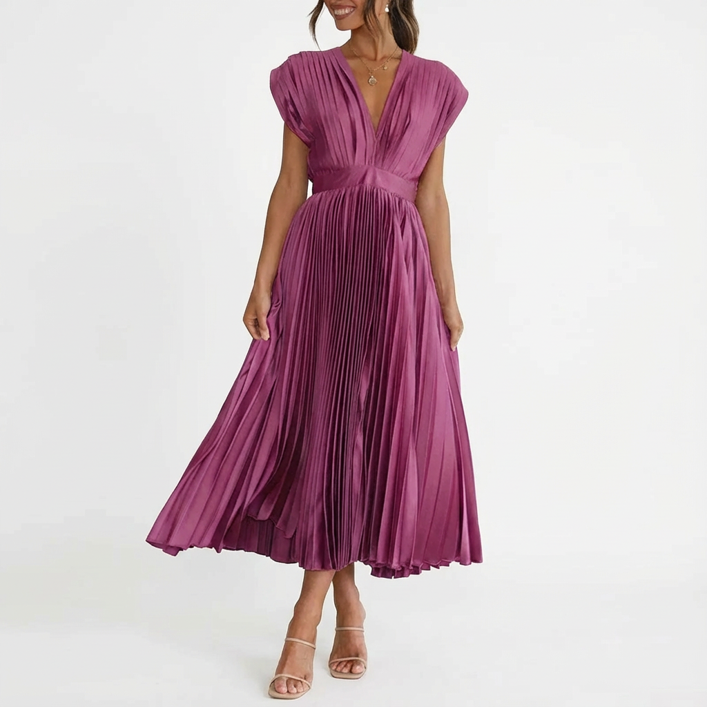Vestido Midi Mujer Tejido Plisado Escote en V