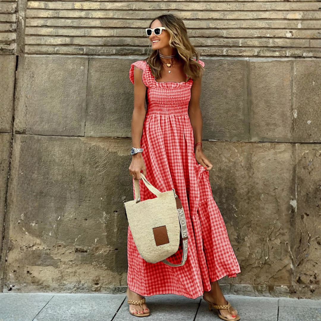 Vestido Largo Mujer Estampado Xadrez Cintura Elástica Boho