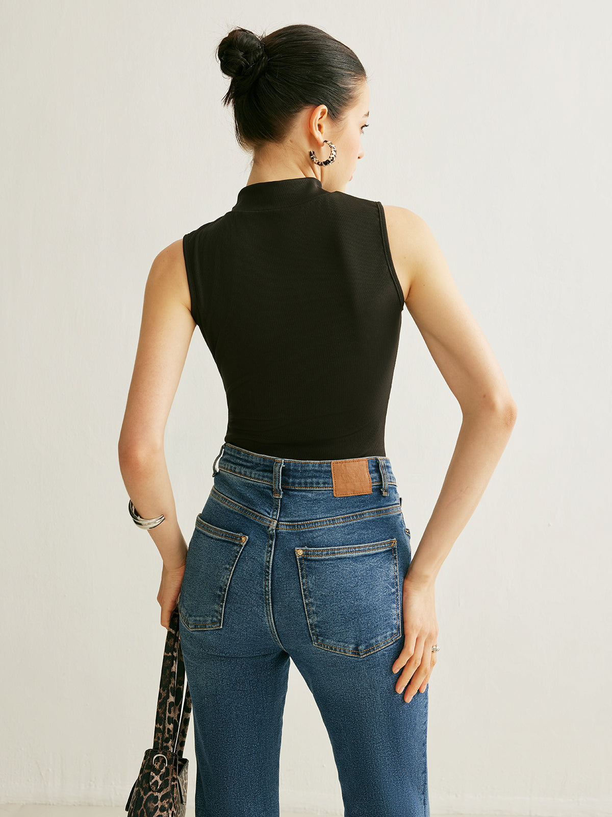 Mujer Sin Mangas Cuello Alto Tejido Acanalado Ajuste Moderno