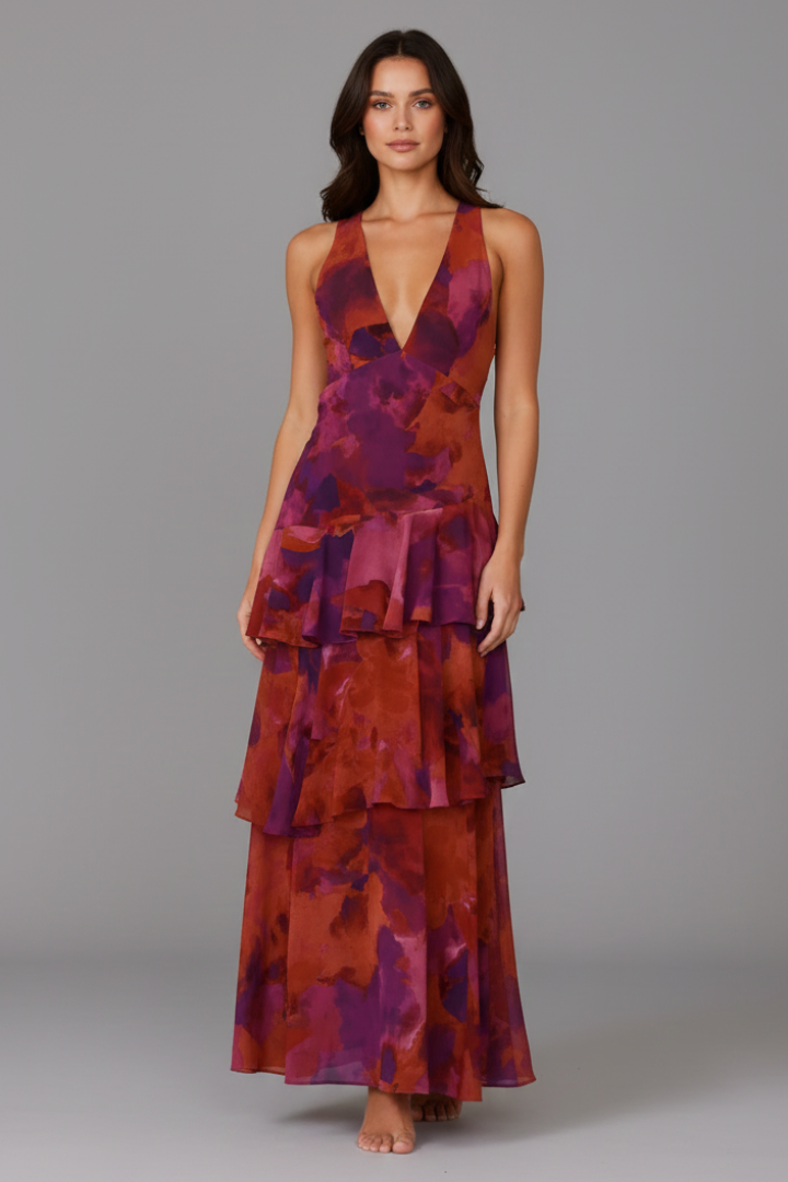 Vestido Largo Mujer Falda Escalonada Cuello en V Veraniego