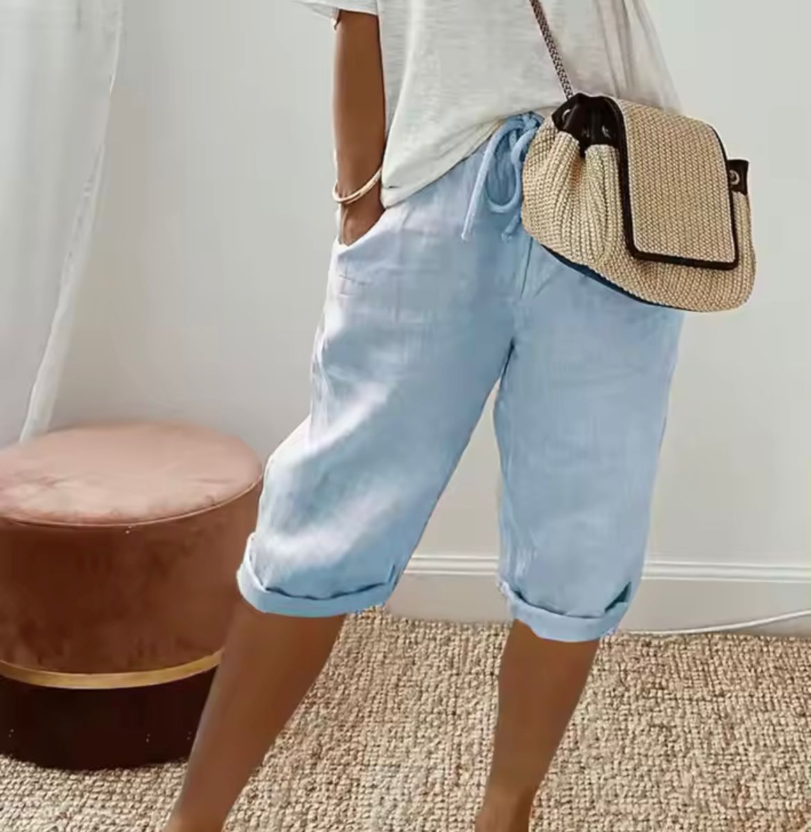 Pantalones Cortos Mujer de Lino y Algodón Cintura Elástica
