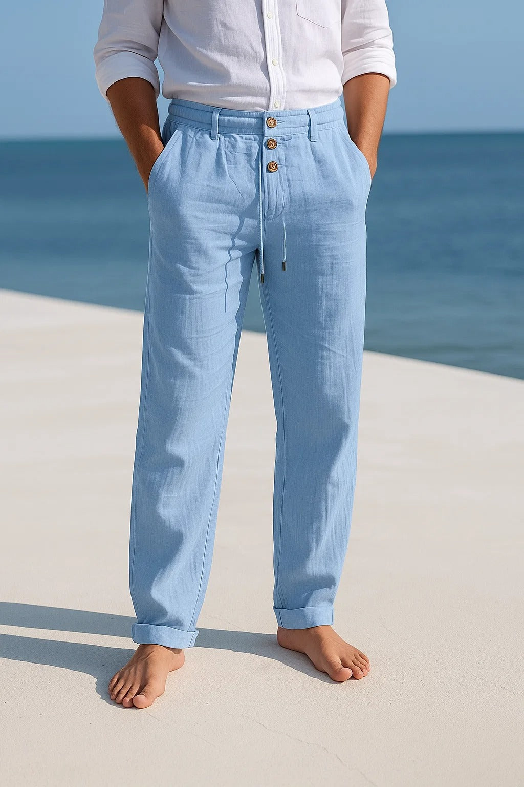 Pantalón Hombre de Lino Ligero con Cordón y Bolsillos