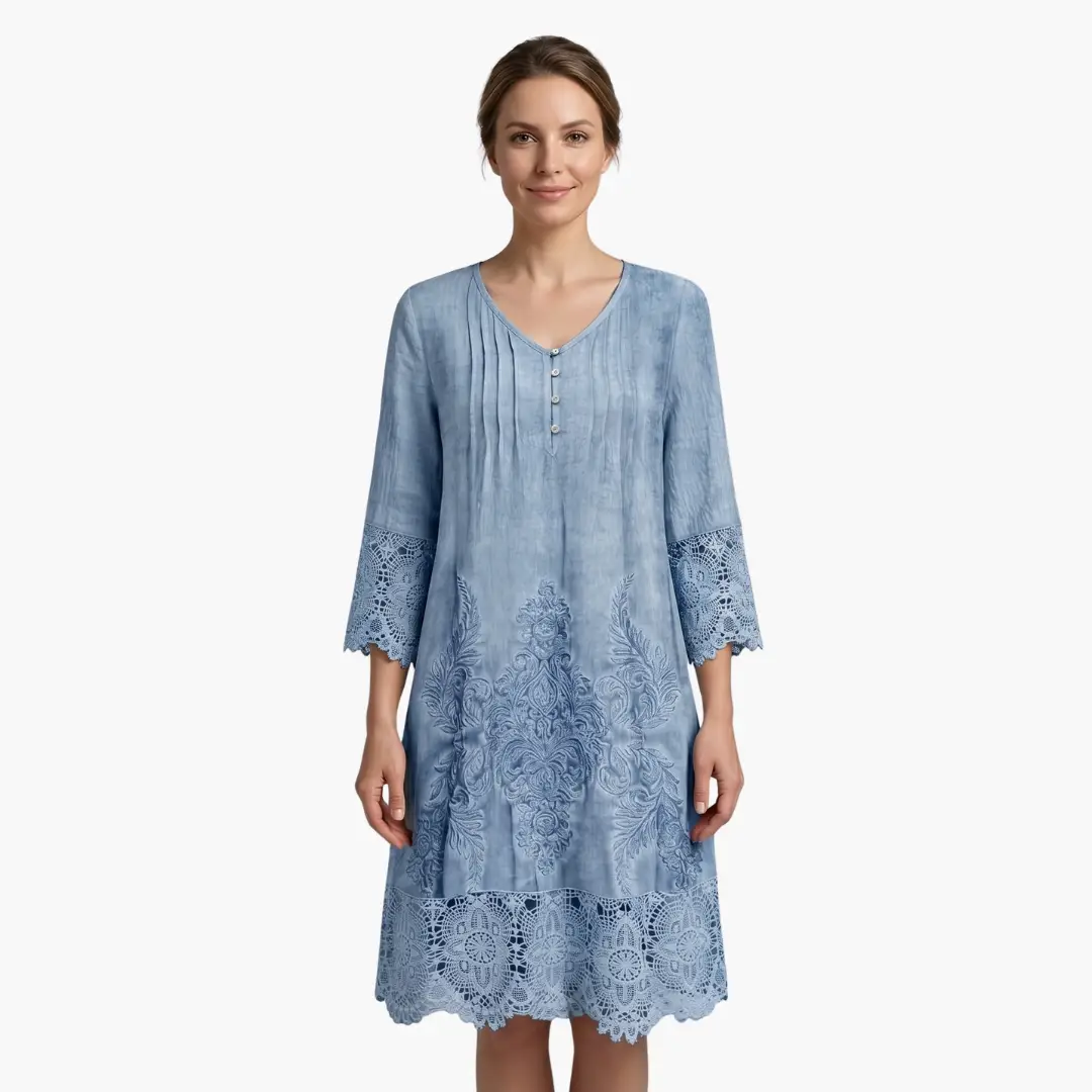 Vestido midi mujer de bordado manga corta