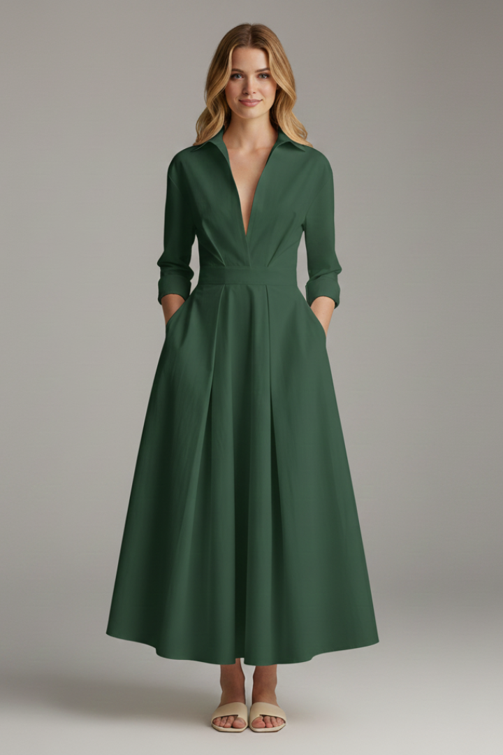 Vestido midi mujer con botones frontales y cuello camisero