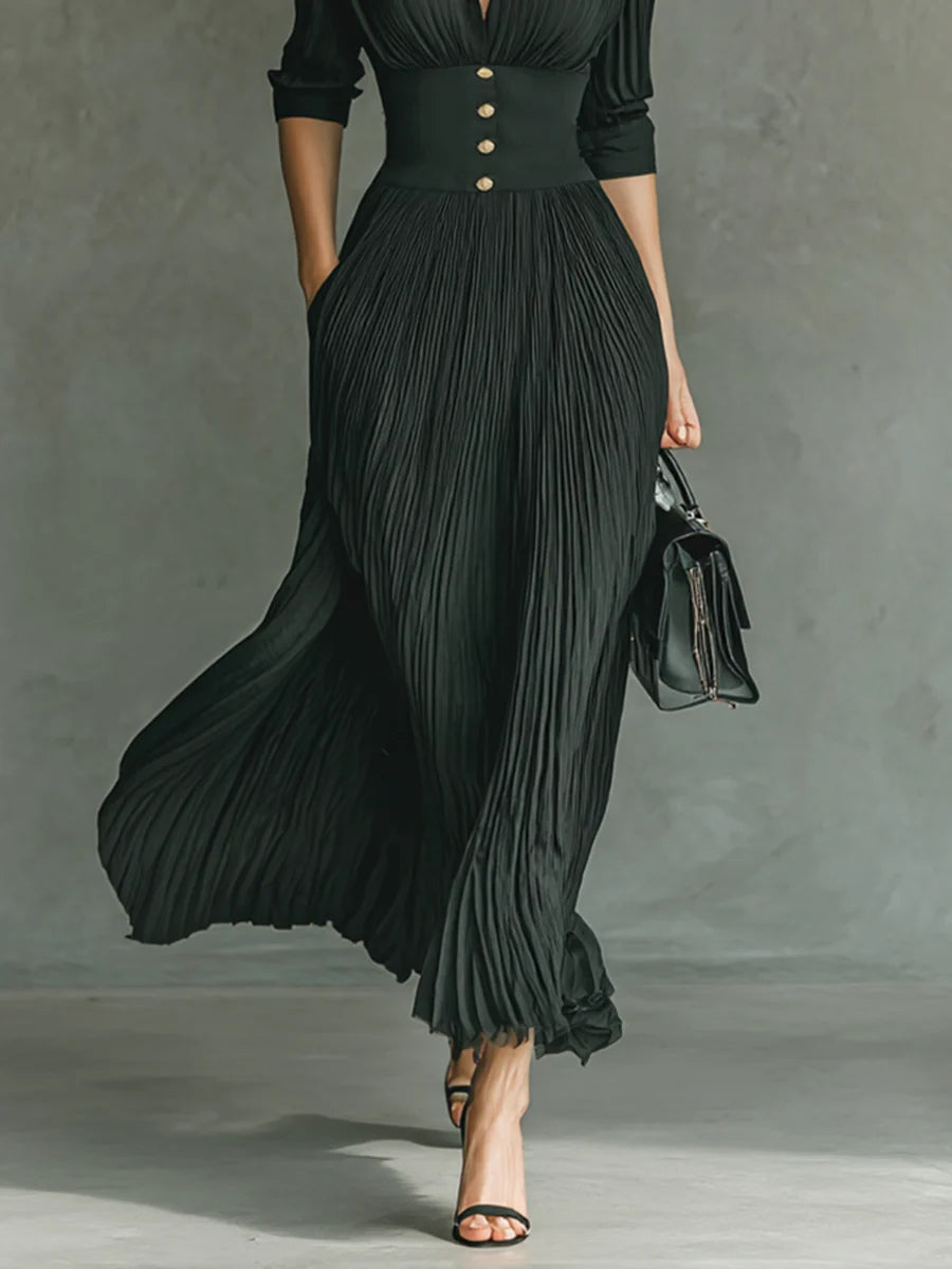 Vestido largo Mujer con cintura ajustada y falda plisada