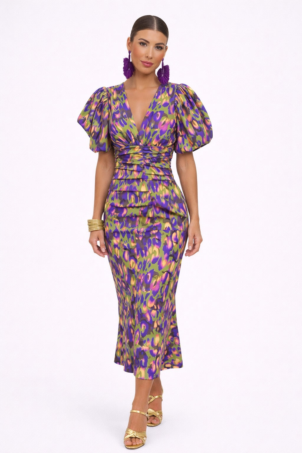 Vestido Midi Mujer Poliéster Estampado Floral Cuello en V Mangas Farol