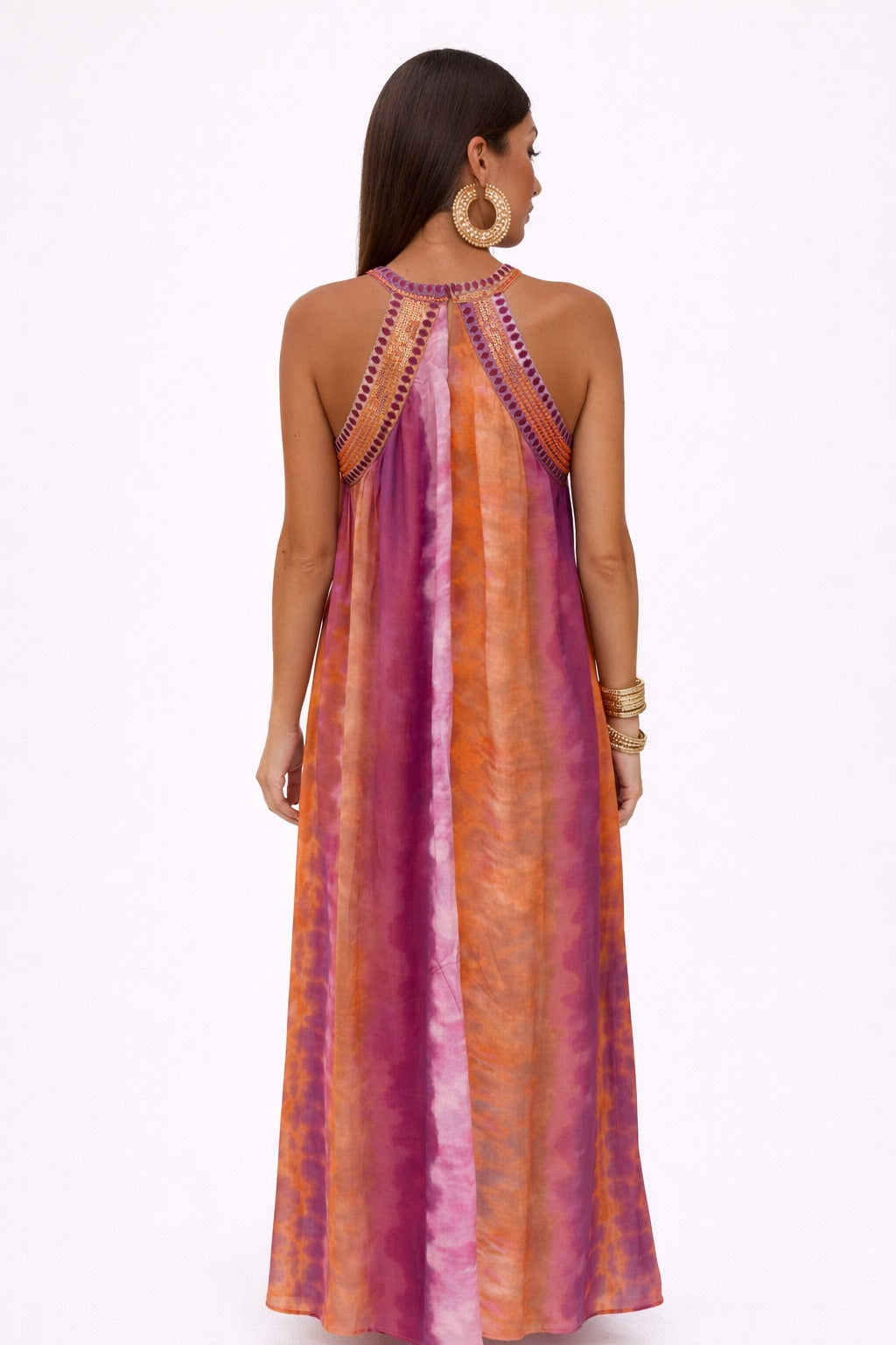Vestido Mujer de Gasa con Lentejuelas Cuello Halter Estilo Boho