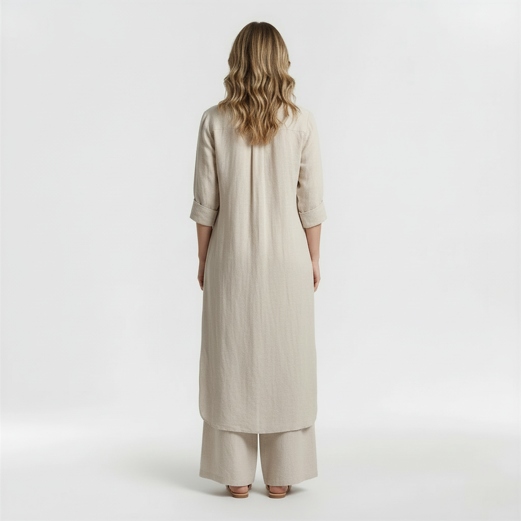 Conjunto Mujer Camisa Larga y Pantalón Pata Ancha Mezcla Lino