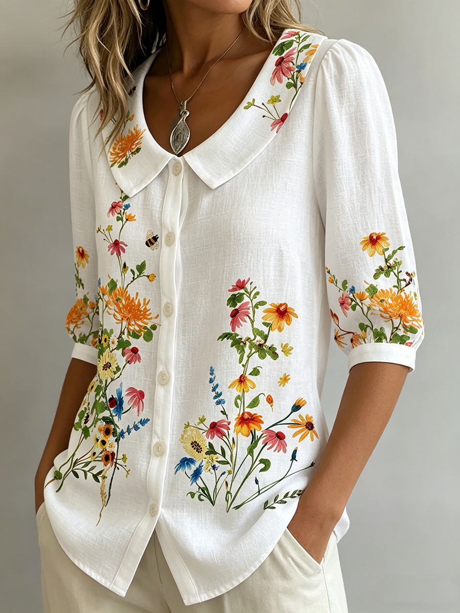 Blusa mujer lino algodón cuello peter pan estilo vintage