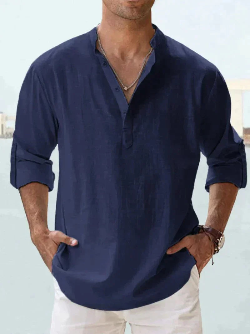 Camisa Hombre Manga Larga Cuello Mao Corte Suelto