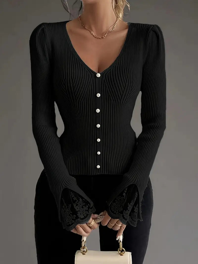 Blusa mujer de encaje y cuello en V manga larga
