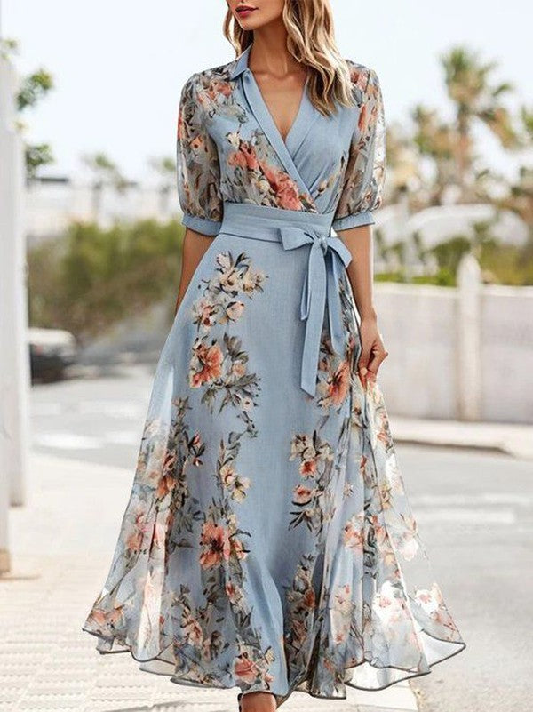 Vestido midi mujer con cuello en V y cinturón ajustable - Mavetta