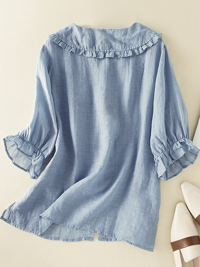 Blusa Mujer con Cuello de Volantes y Manga Tres Cuartos