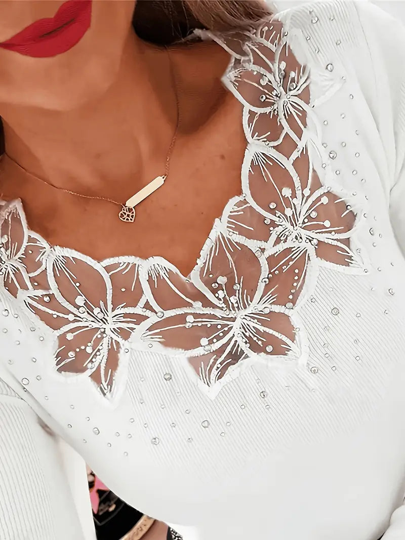 Blusa mujer de encaje cuello en V estilo elegante y cómoda
