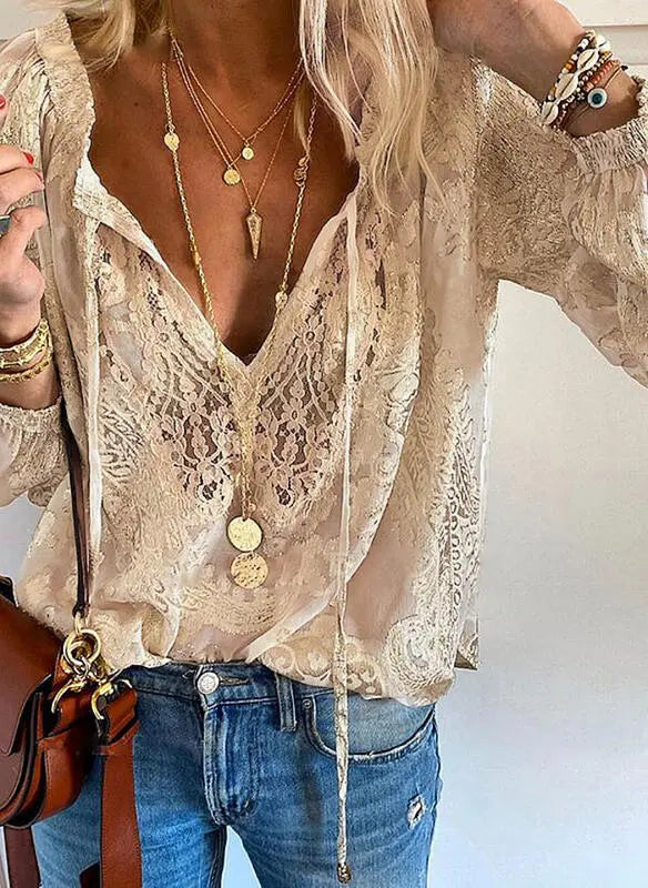 Blusa Mujer de Encaje Escote en V Estilo Bohemio
