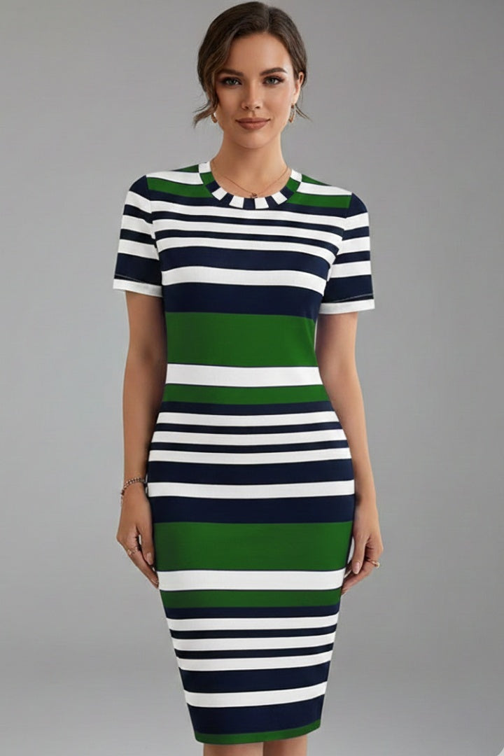Vestido Midi Mujer Ajustado Rayas Manga Corta