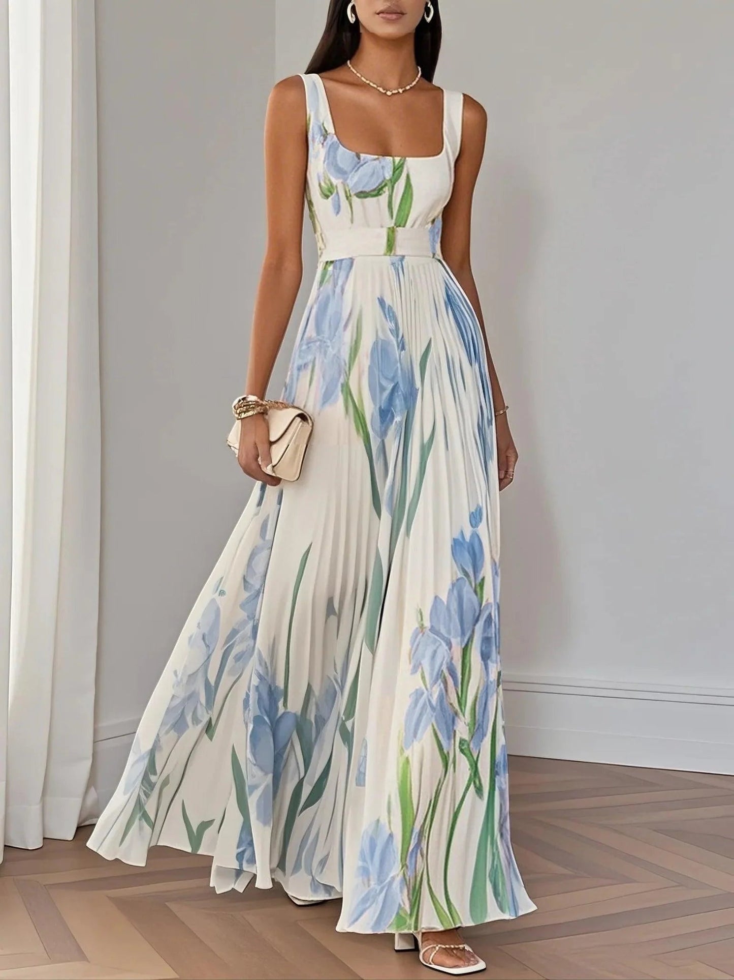Vestido Largo Mujer Plisado Tirantes Estampado Floral