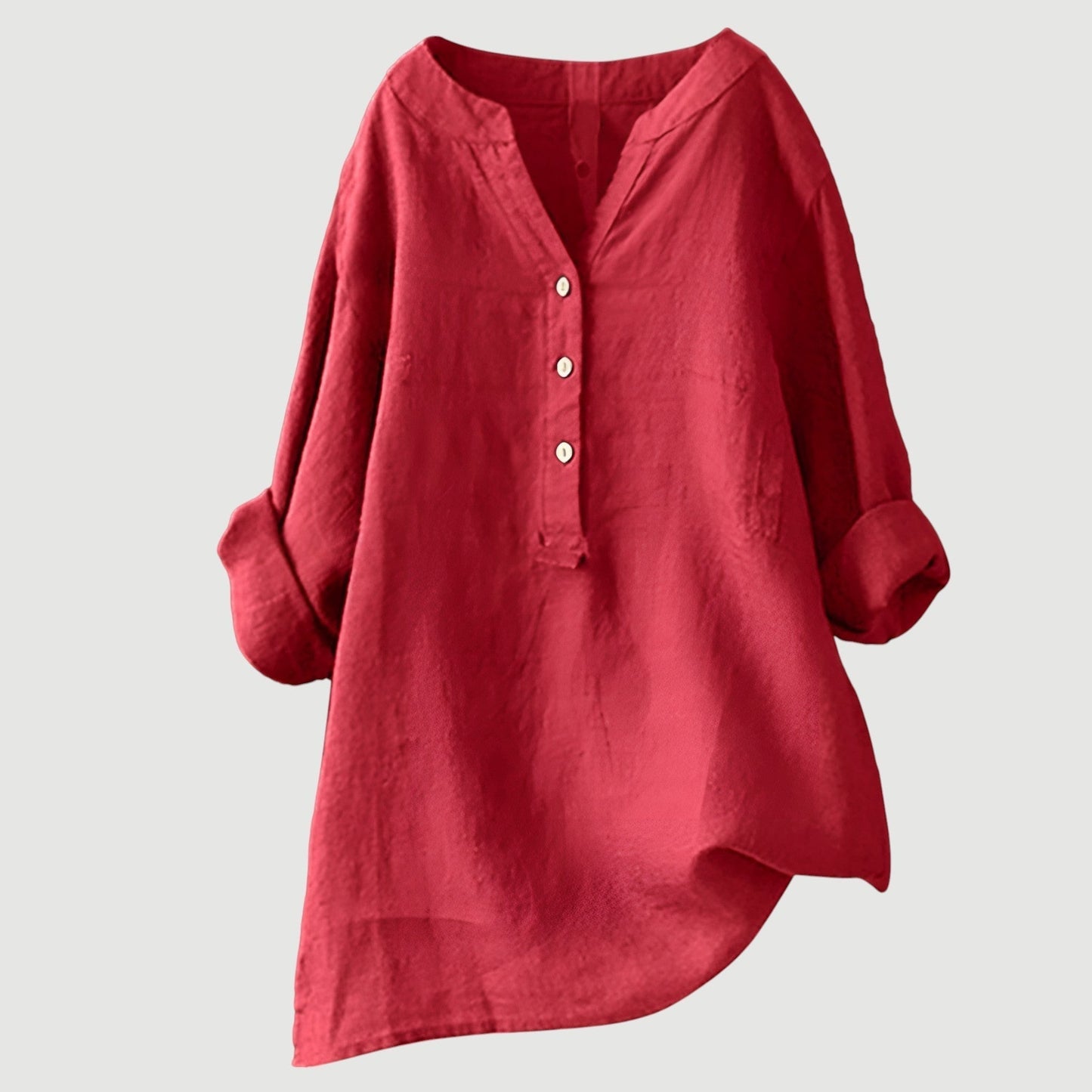 Blusa Mujer Poliéster Cuello Henley Manga Larga Bajo Asimétrico