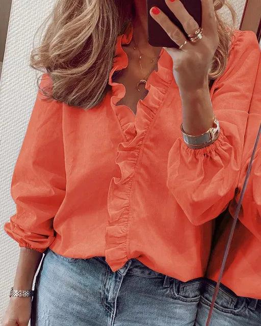 Blusa Mujer con Volantes Escote en V Manga Larga