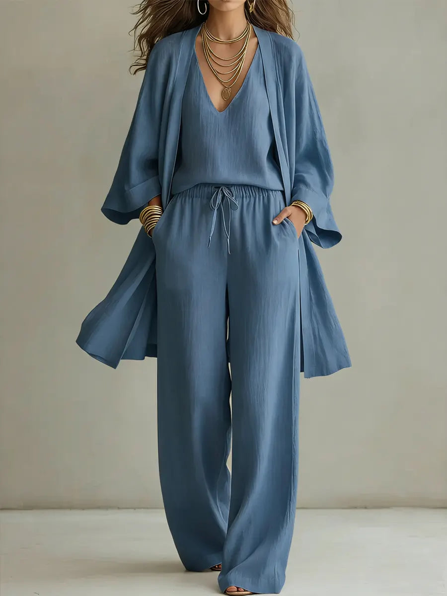 Conjunto mujer de algodón y lino tres piezas estilo minimalista