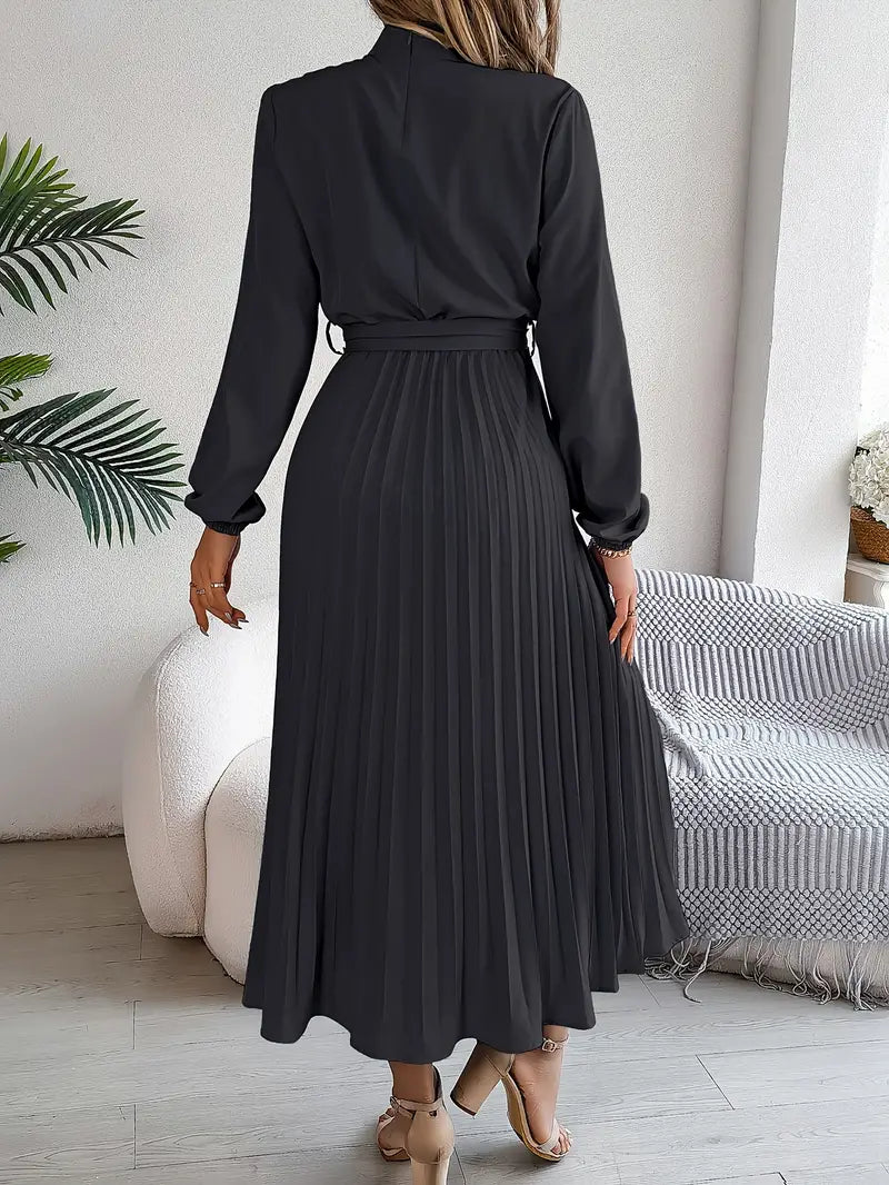 Vestido Largo Mujer Plisado Manga Larga Cuello Alto Cinturon