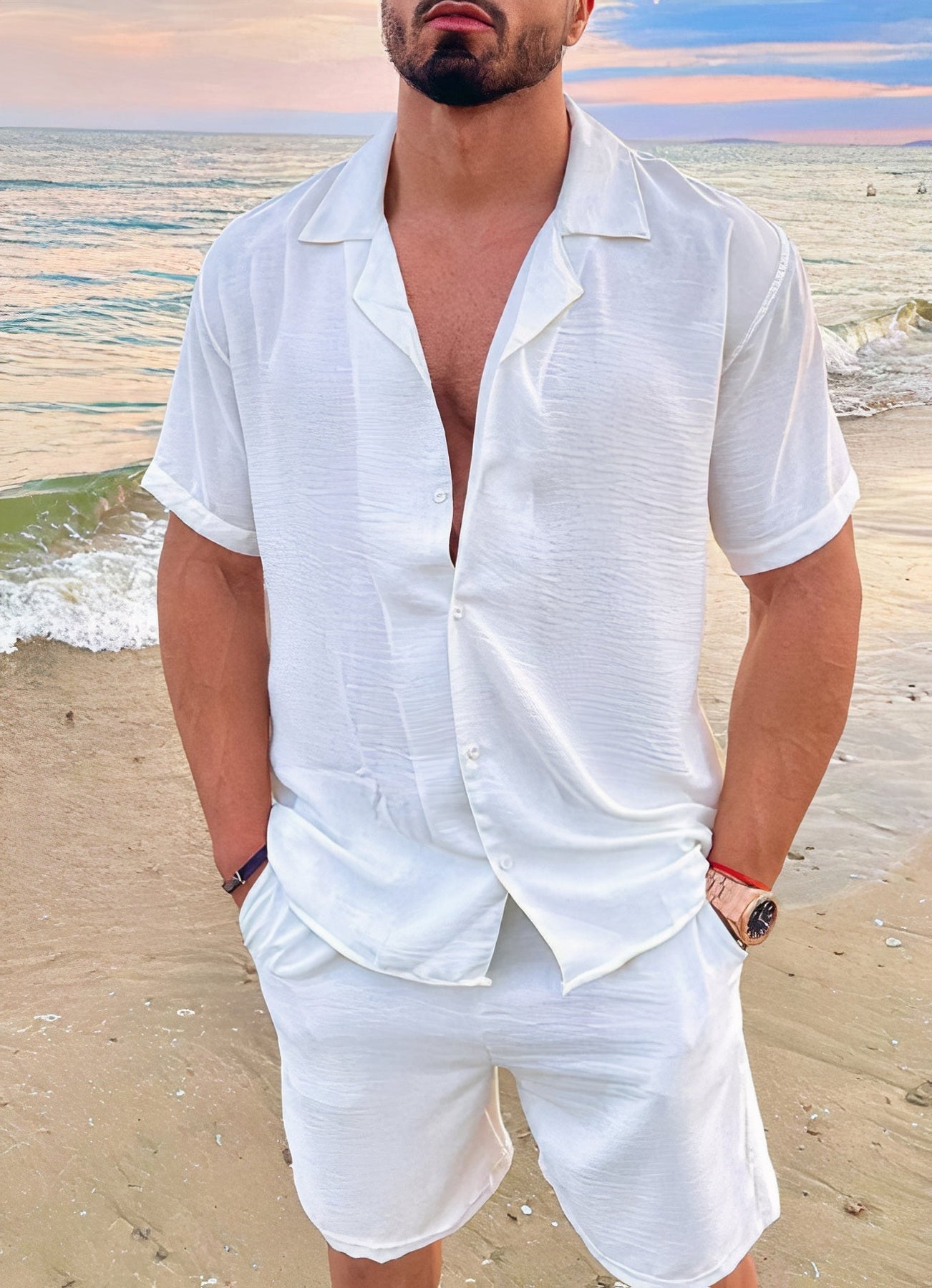Conjunto verano hombre camisa manga corta pantalón corto ligero