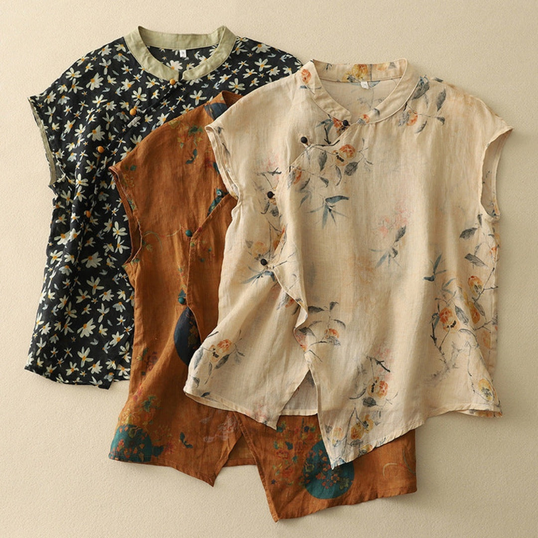 Blusa Mujer de Tela Estampada Cuello Mandarín