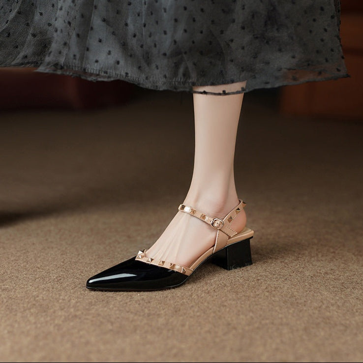 Zapatos Mujer Tacón Cuadrado Tachuelas Punta Afilada