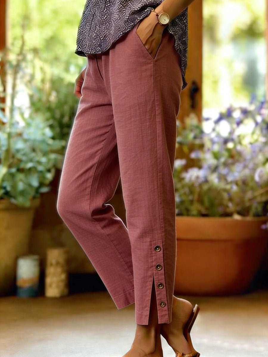 Pantalones Mujer Algodón Lino Corte Suelto Botones Laterales