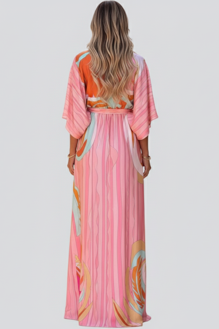 Vestido largo mujer con estampado escote en V y cinturón