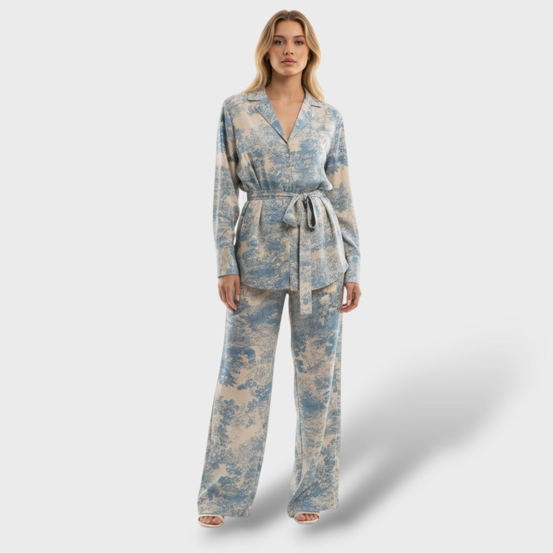 Conjunto Mujer Estampado Corbata Pantalón Pierna Ancha