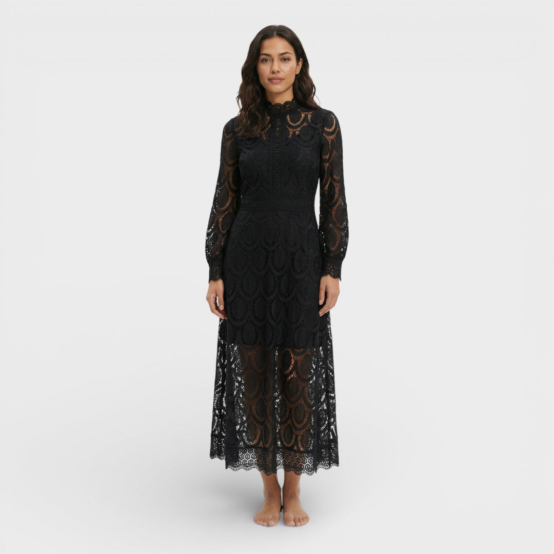 Vestido Midi Mujer de Encaje Cuello Alto