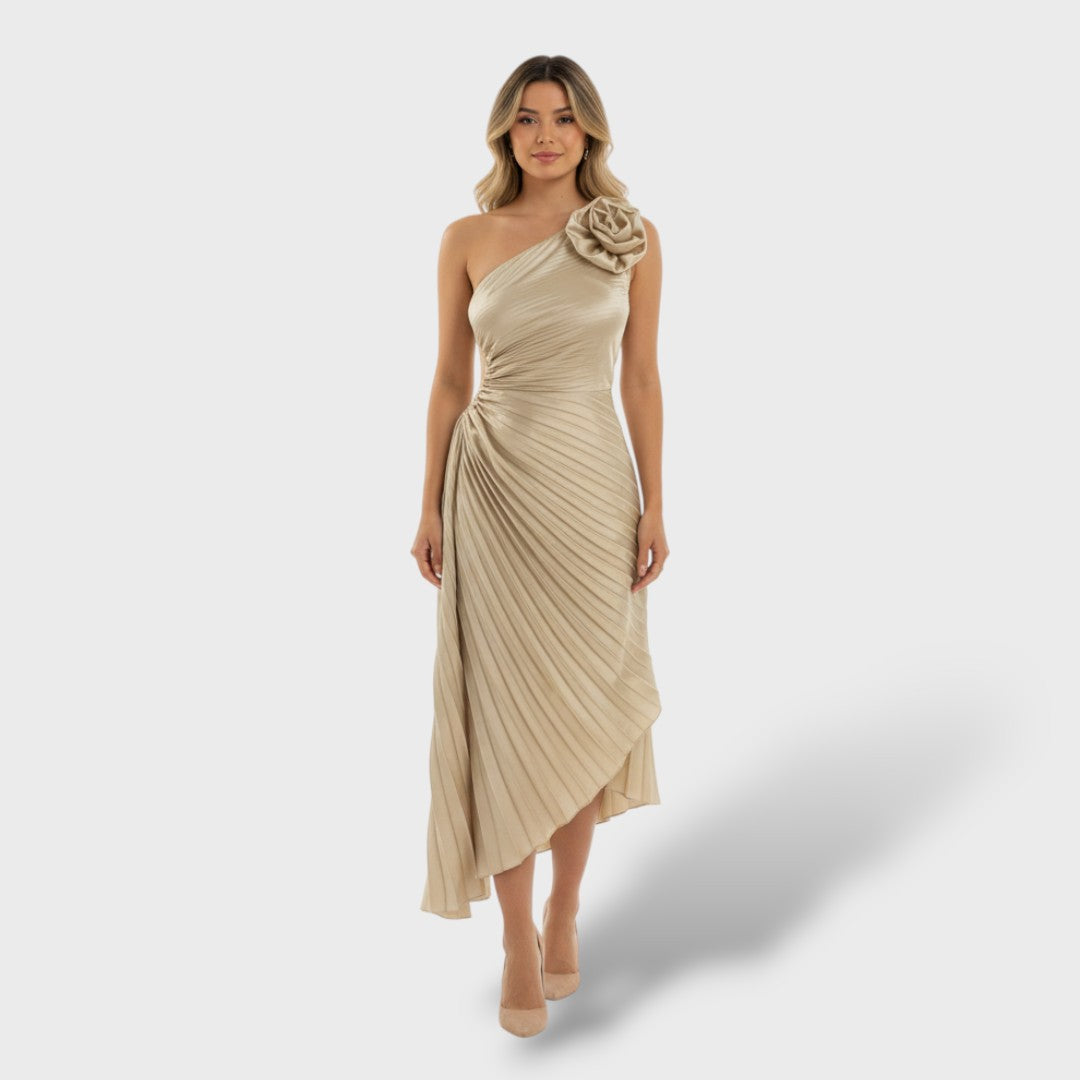 Vestido Largo Mujer Plisado Corte Asimétrico