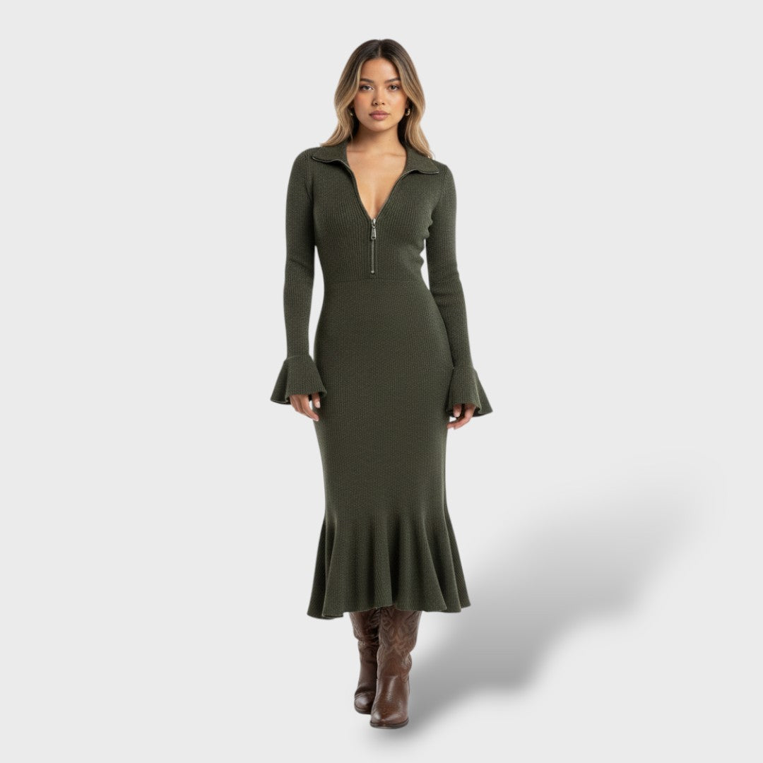 Vestido Midi Mujer de Punto Cuello con Cremallera
