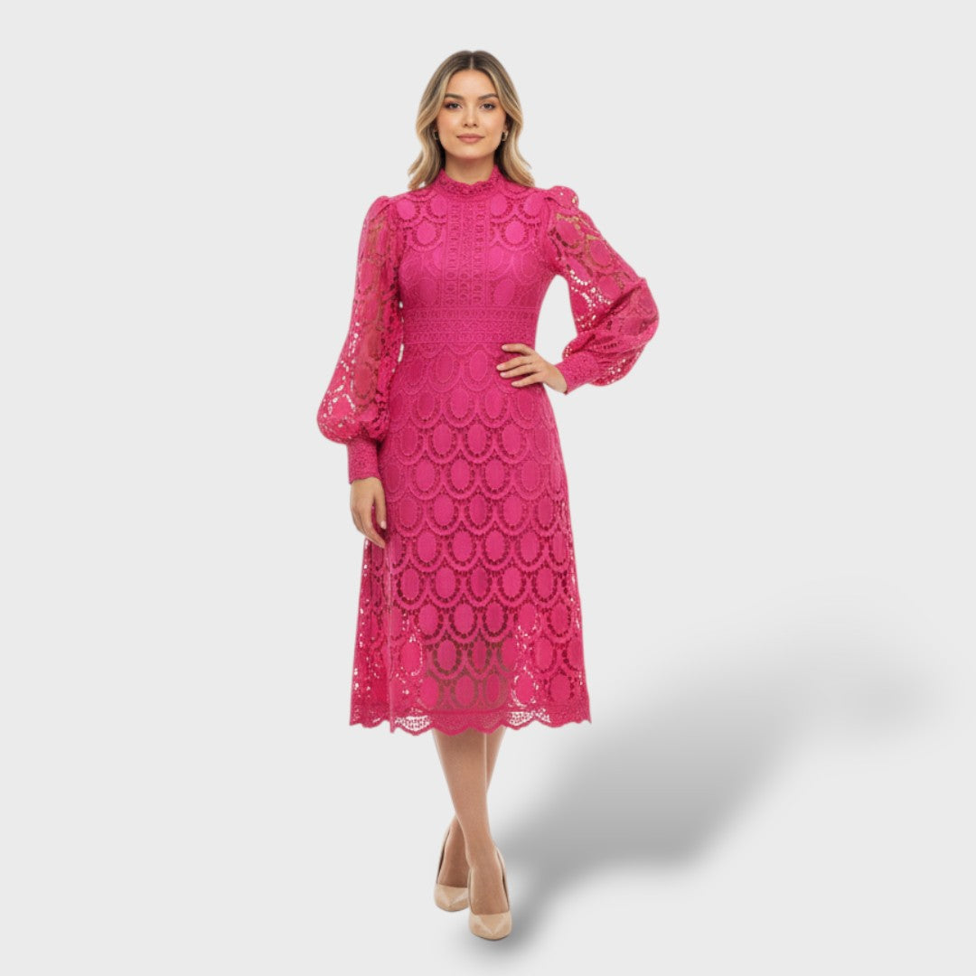 Vestido Mujer de Encaje Manga Abullonada Cuello Alto