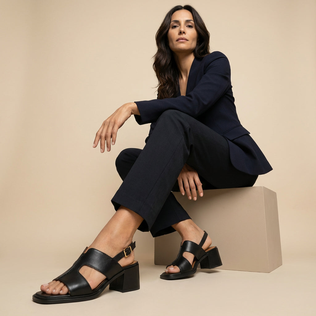 Sandalia Mujer de Piel Tacón Bloque