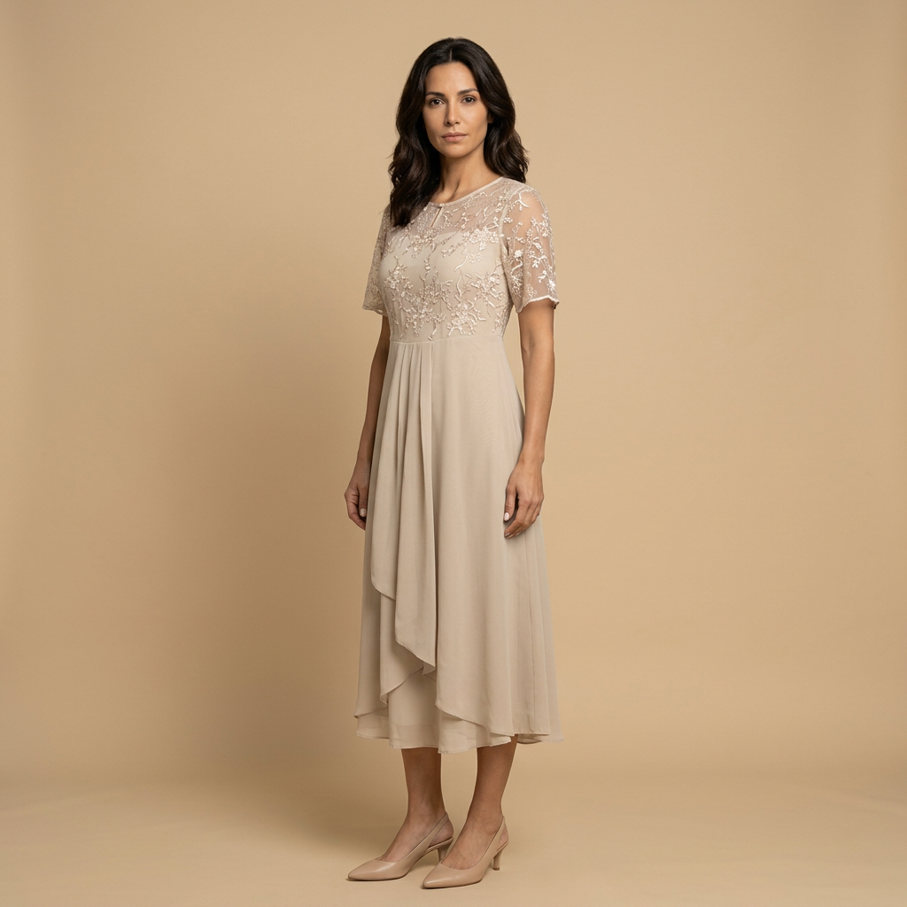 Vestido Midi Mujer de Encaje y Chifón Drapeado Asimétrico