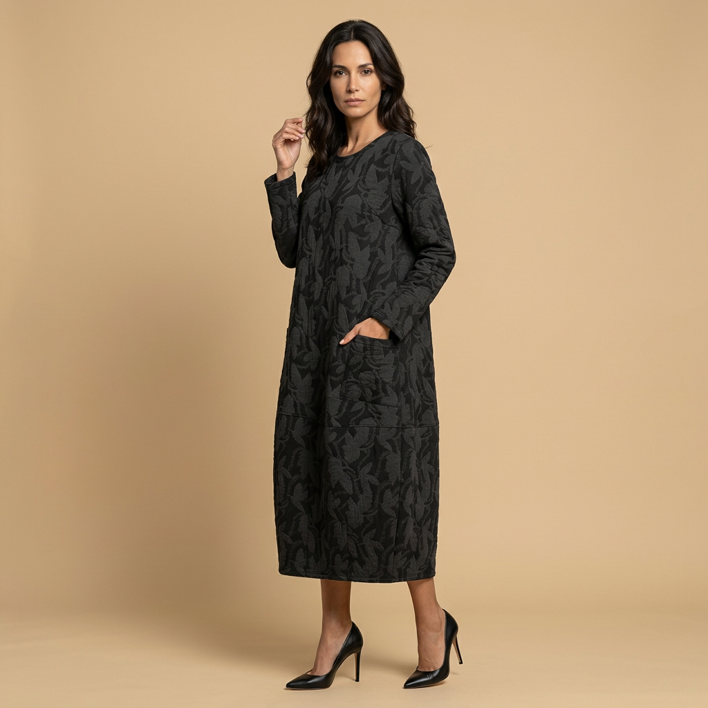 Vestido Midi Mujer Jacquard Manga Larga con Bolsillos
