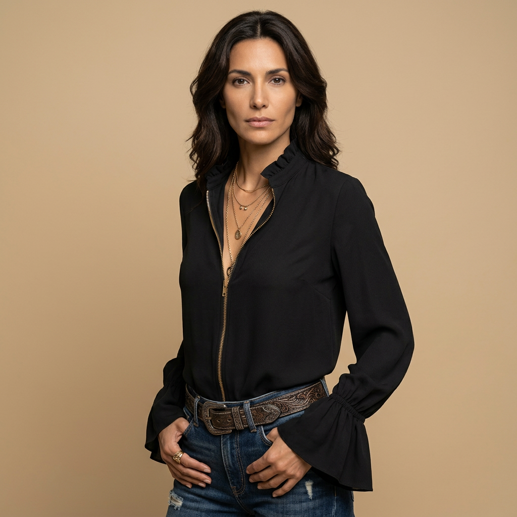 Blusa Mujer Cremallera Frontal Cuello Volante Puños Campana