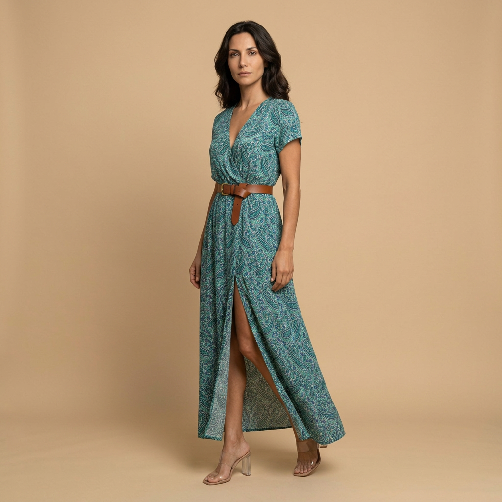 Vestido Largo Mujer Estampado Floral Cruzado con Cinturón
