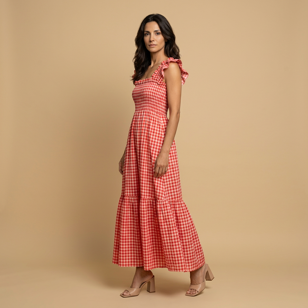 Vestido Largo Mujer Vichy Smock Tirantes Volante Bajo
