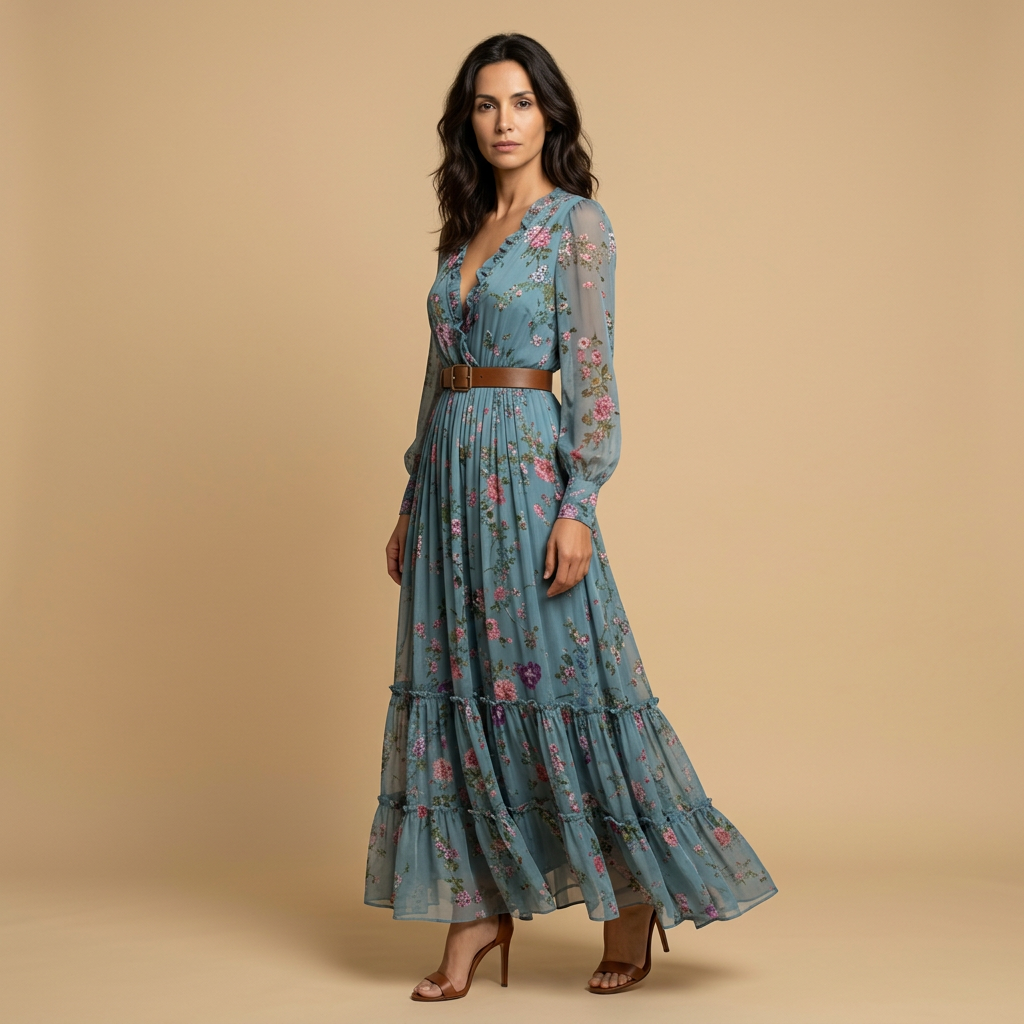 Vestido Largo Mujer Bordado Boho Manga Globo