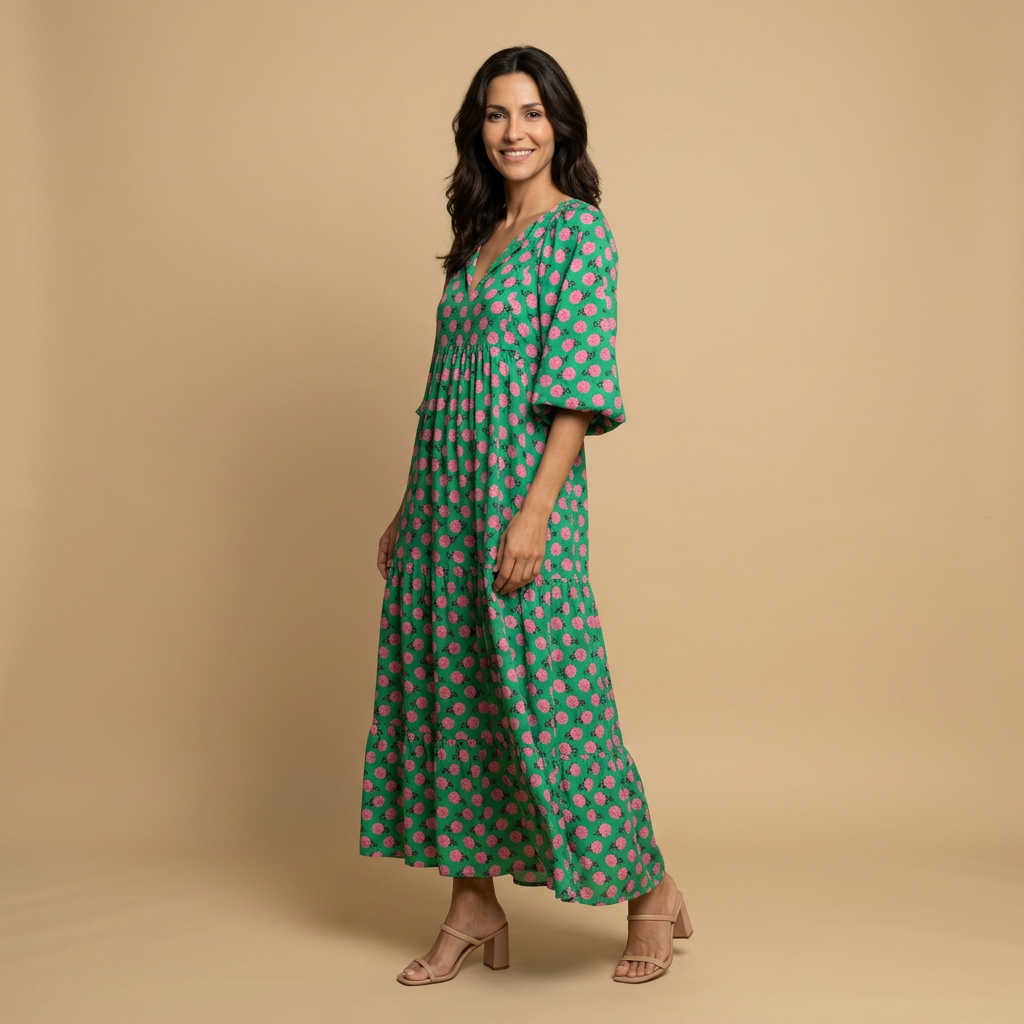 Vestido Midi Mujer Estampado Geométrico Manga Globo