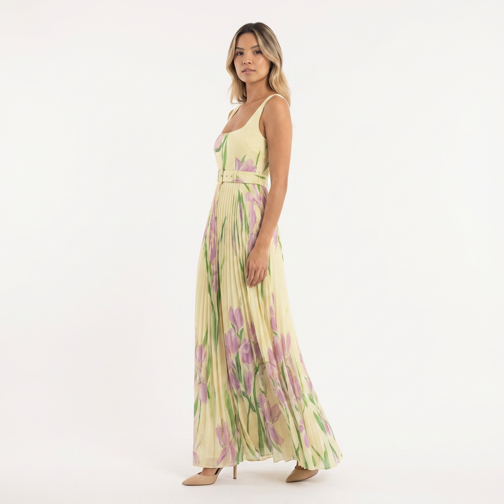 Vestido largo mujer plisado estilo floral