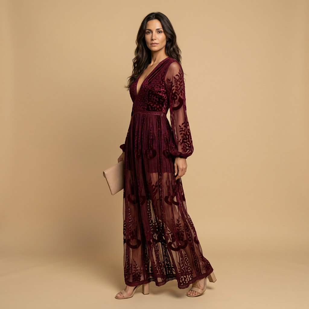 Vestido Largo Mujer de Encaje Bordado Estilo Boho Abertura