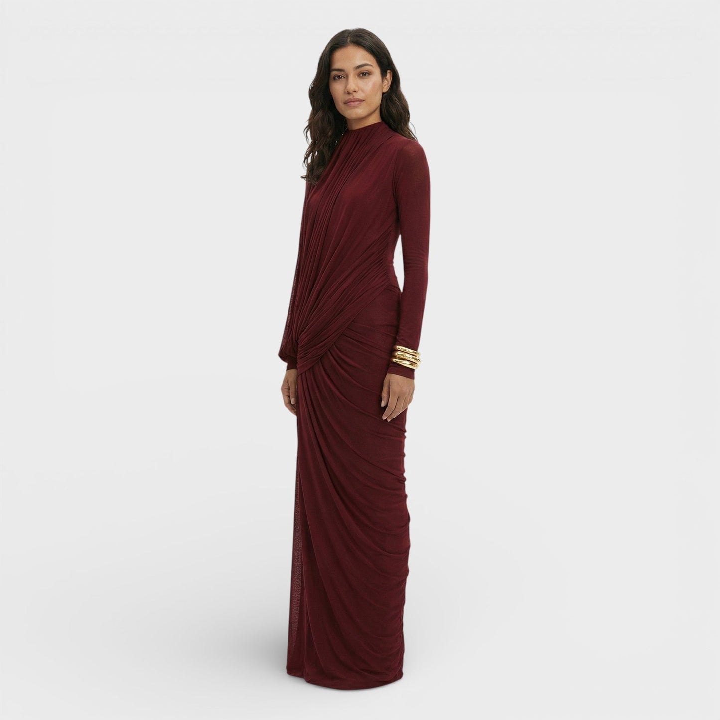 Vestido Largo Mujer Drapeado Cuello Alto Manga Larga