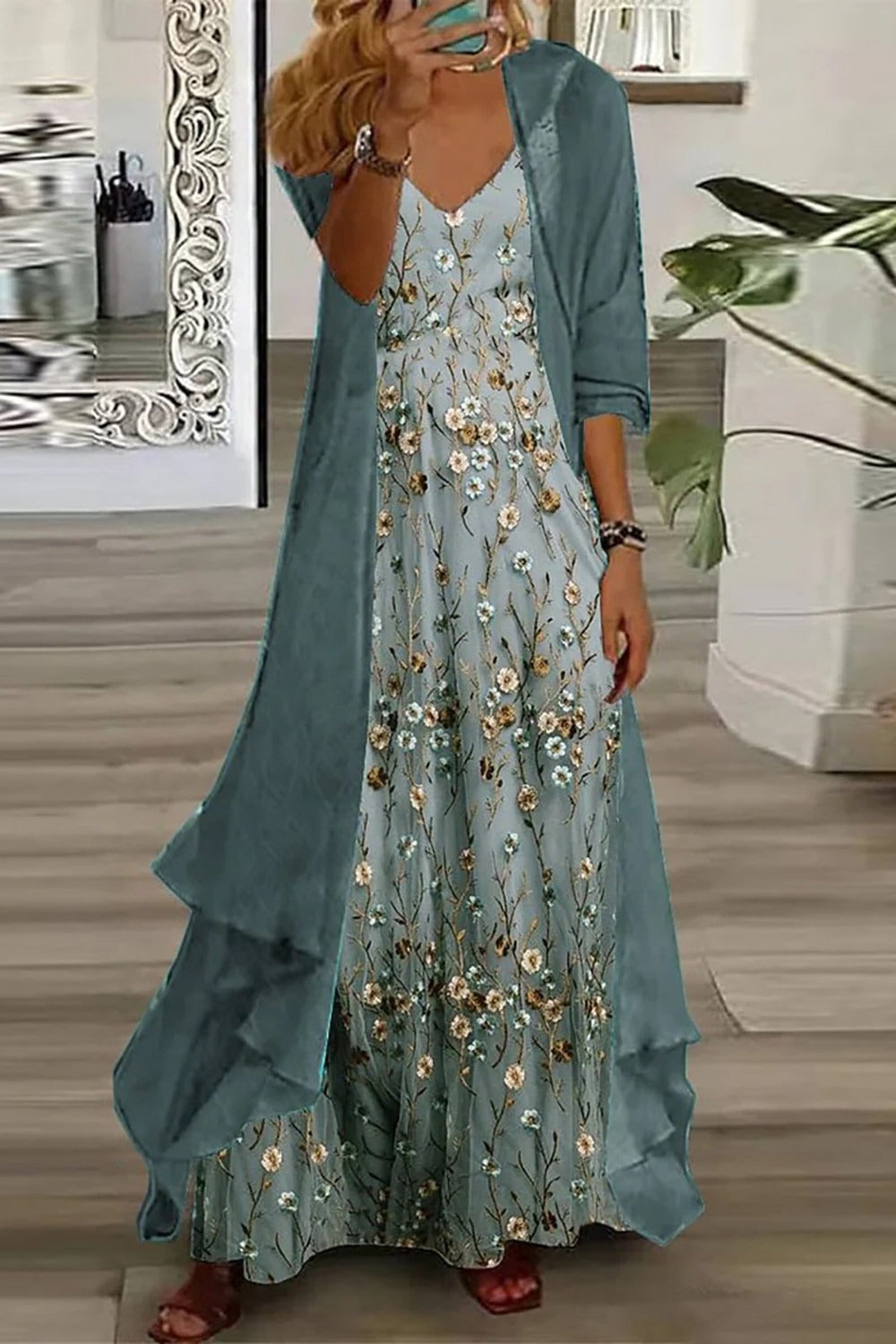 Conjunto Mujer Vestido Floral y Cárdigan Largo - Mavetta